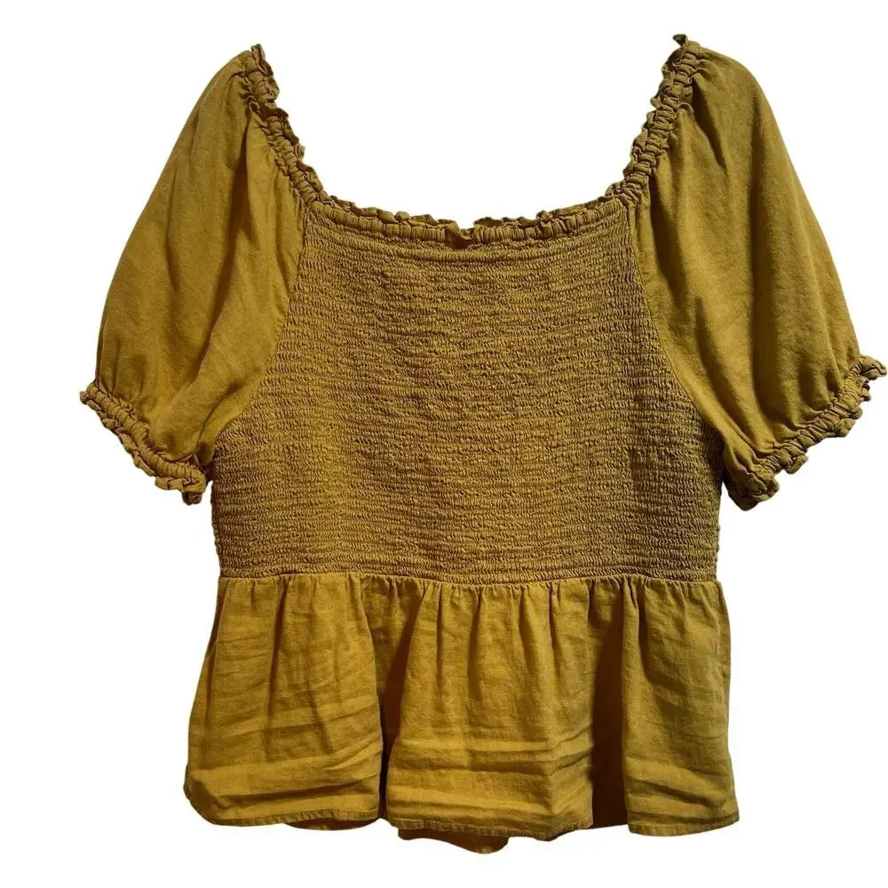 Old Navy Puff Sleeve Smocked Peplum Blouse Mustard Yellow Linen Women's Large